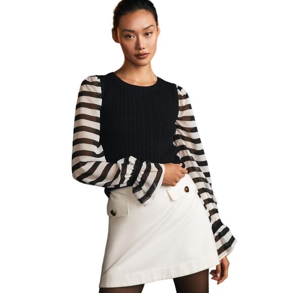 Anthropologie Maeve Black & White Contrast-Sleeves Sweater Size Large - Picture 1 of 10